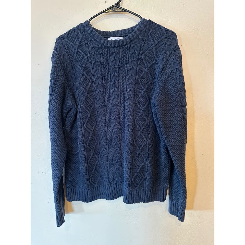 Old Navy Mens Blue Cable Knit Crewneck Sweater Medium Diamond Pattern preppy